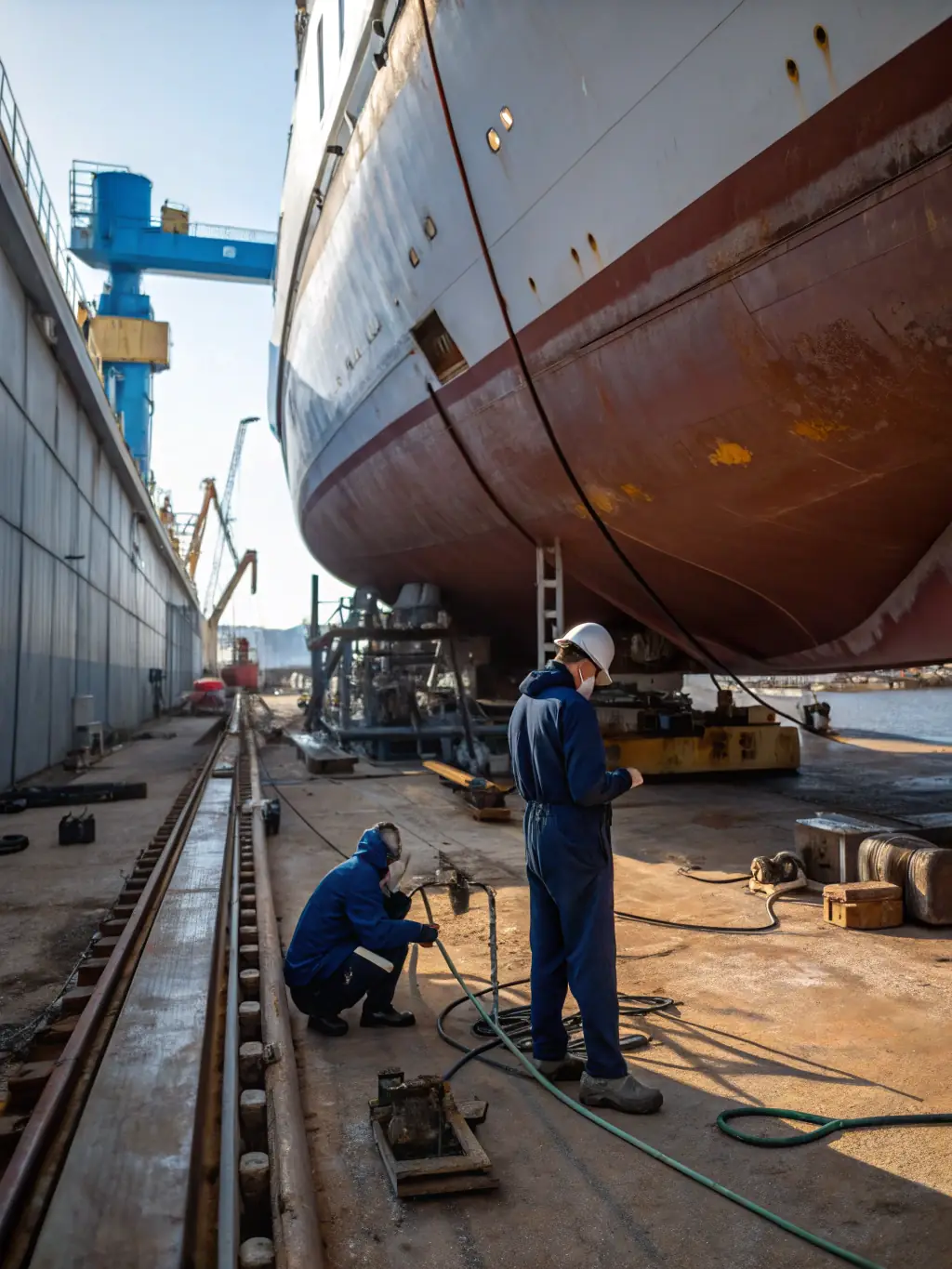 A vibrant image of volunteers restoring a historic sailing vessel, showcasing the dedication and craftsmanship involved in preserving maritime artifacts at ASSOCIATION MARIE CHRISTINE III.