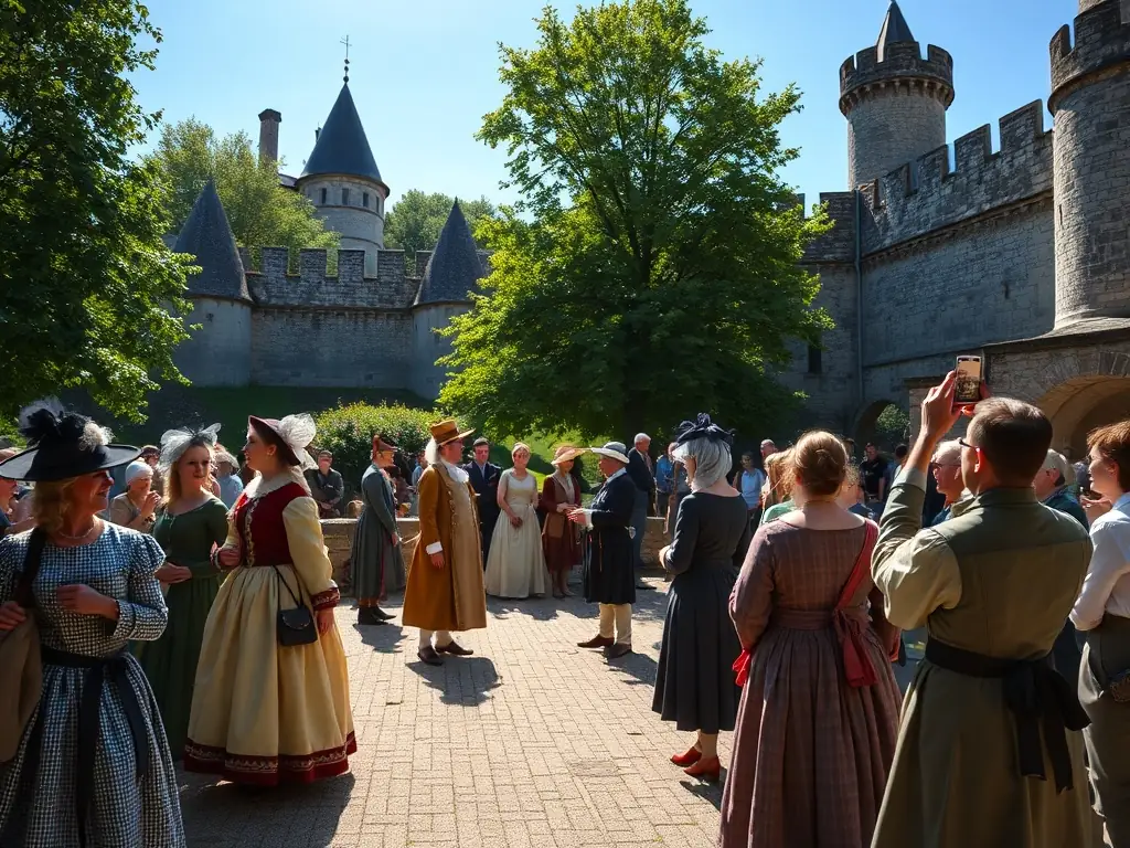 A scenic image of a historical reenactment event on the La Rochelle harbor, featuring participants in period costumes and showcasing historical maritime activities.