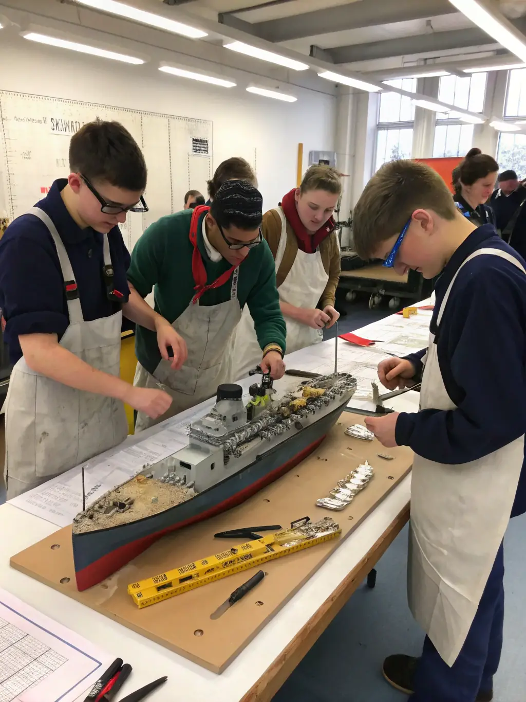 A photograph of children participating in a workshop on traditional boat building at the ASSOCIATION MARIE CHRISTINE III, showcasing hands-on learning and engagement with maritime skills.